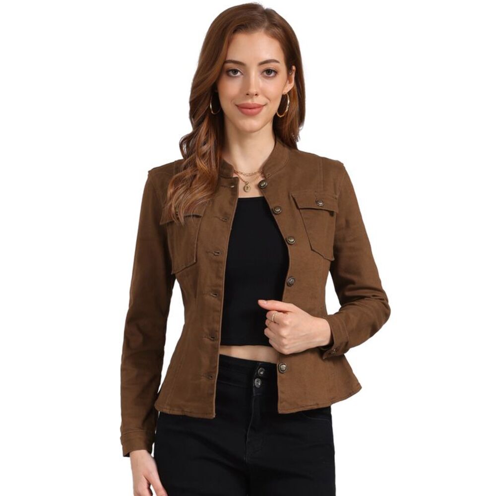 Casual Denim Jacket Classic Stand Collar Long Sleeve Jean Jacket Brown